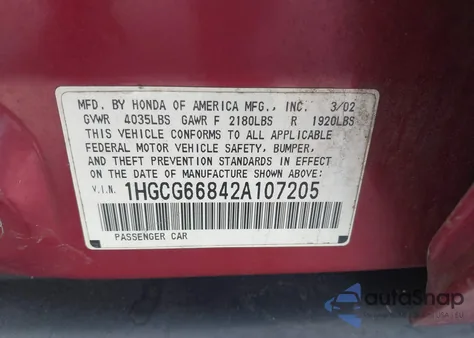 2002 Honda Accord 2.3 Ex/2.3 Se from USA, damaged, VIN 1HGCG66842A107205